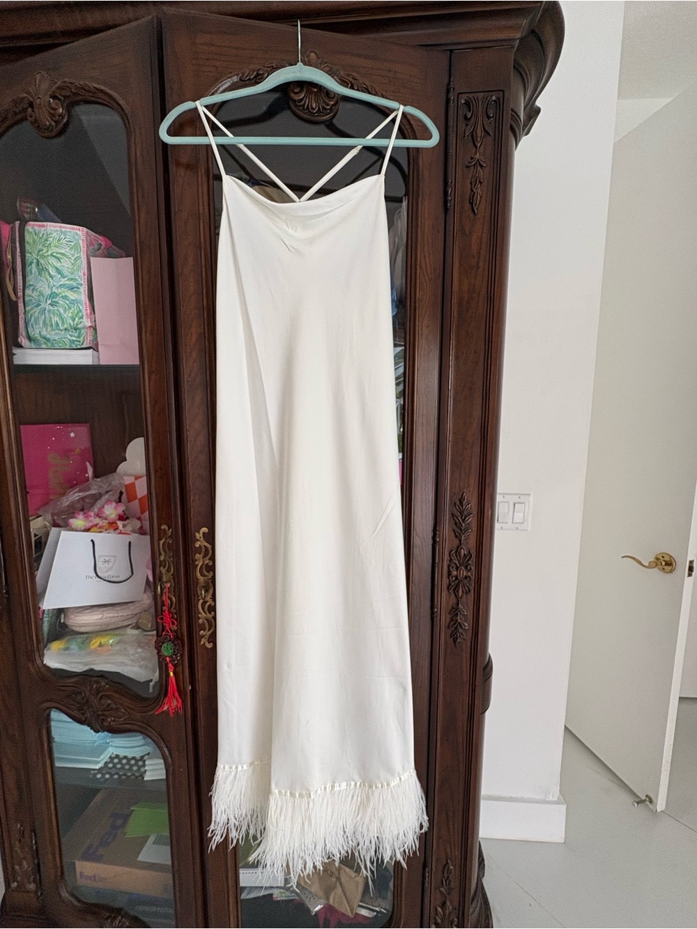Rya Swan white silk dress ostrich feathers M